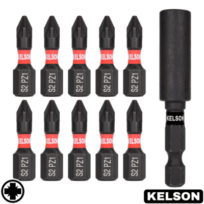 10 x PZ1 25mm Impact Screwdriver Bits With 60mm Magnetic Bit Holder