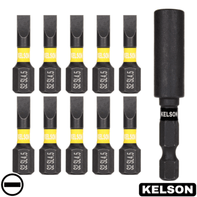 10 x 4.5mm Slot Flat-Head 25mm Impact Screwdriver Bits With 60mm Magnetic Bit Holder