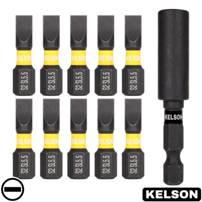 10 x 5.5mm Slot Flat-Head 25mm Impact Screwdriver Bits With 60mm Magnetic Bit Holder