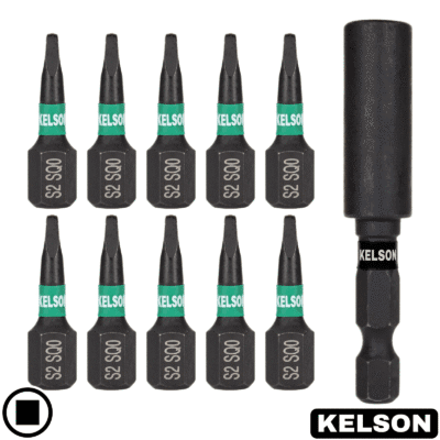 10 x SQ0 Square Drive 25mm Impact Screwdriver Bits With 60mm Magnetic Bit Holder