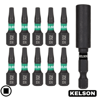 10 x SQ2 Square Drive 25mm Impact Screwdriver Bits With 60mm Magnetic Bit Holder